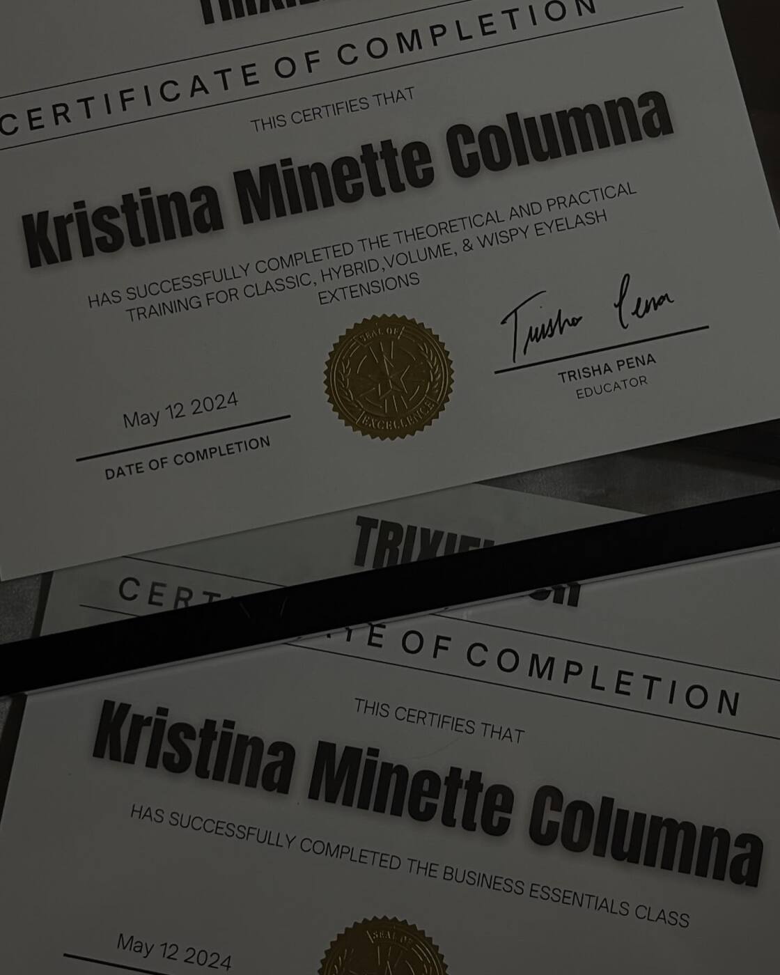 Kristina Minette Columna's eyelash extension certification documents